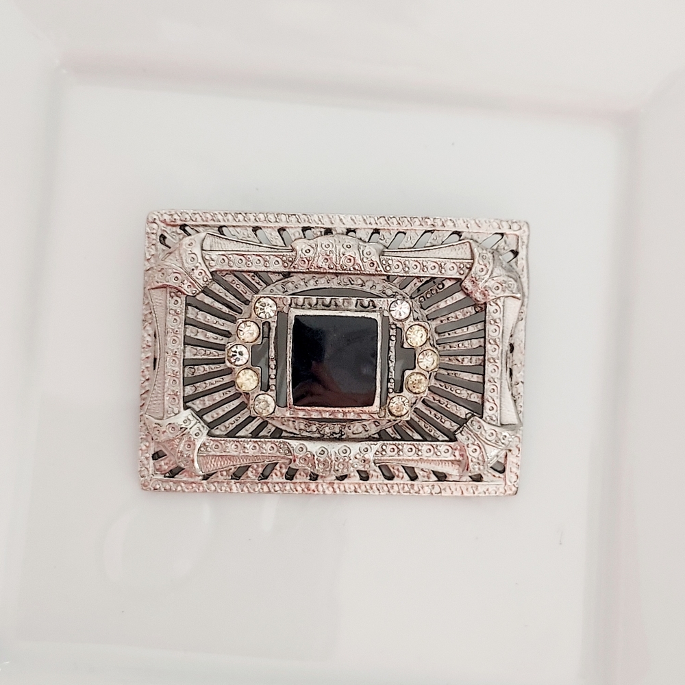 Silver Rectangular Brooch with Rhinestones - Picture 2 of 4
